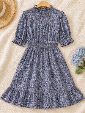 Hayden Cottagecore Blue Floral Smocked Midi Dress L